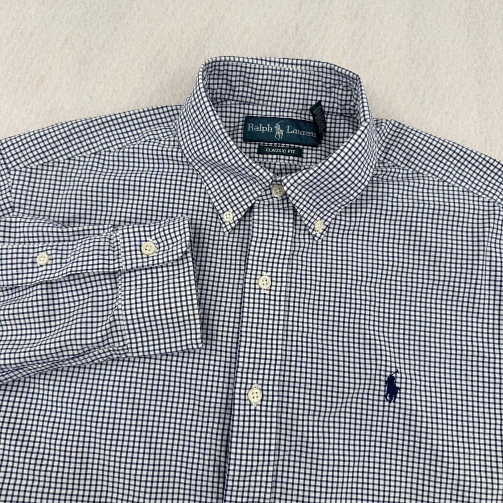 Ralph Lauren Classic Fit Men M Long Sleeve Button Down Blue Gingham Check Preppy